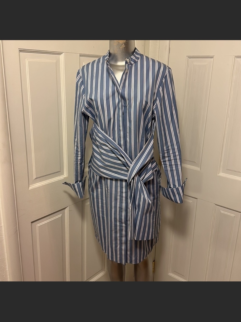 Victoria Beckham Blue Stripe Dress with Tie Waist